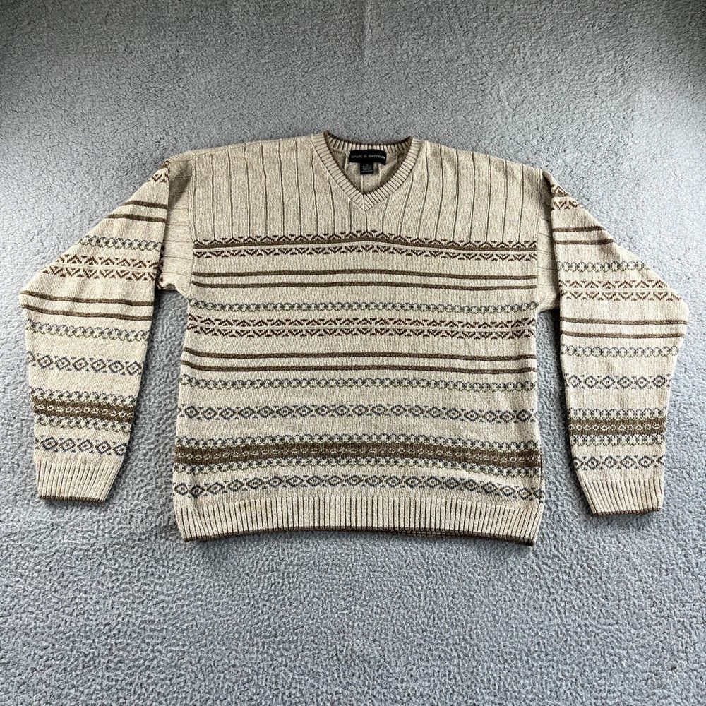 Vintage Croft & Barrow Sweater Mens Medium‎ Beige Striped USA Grandpa Grunge 90s